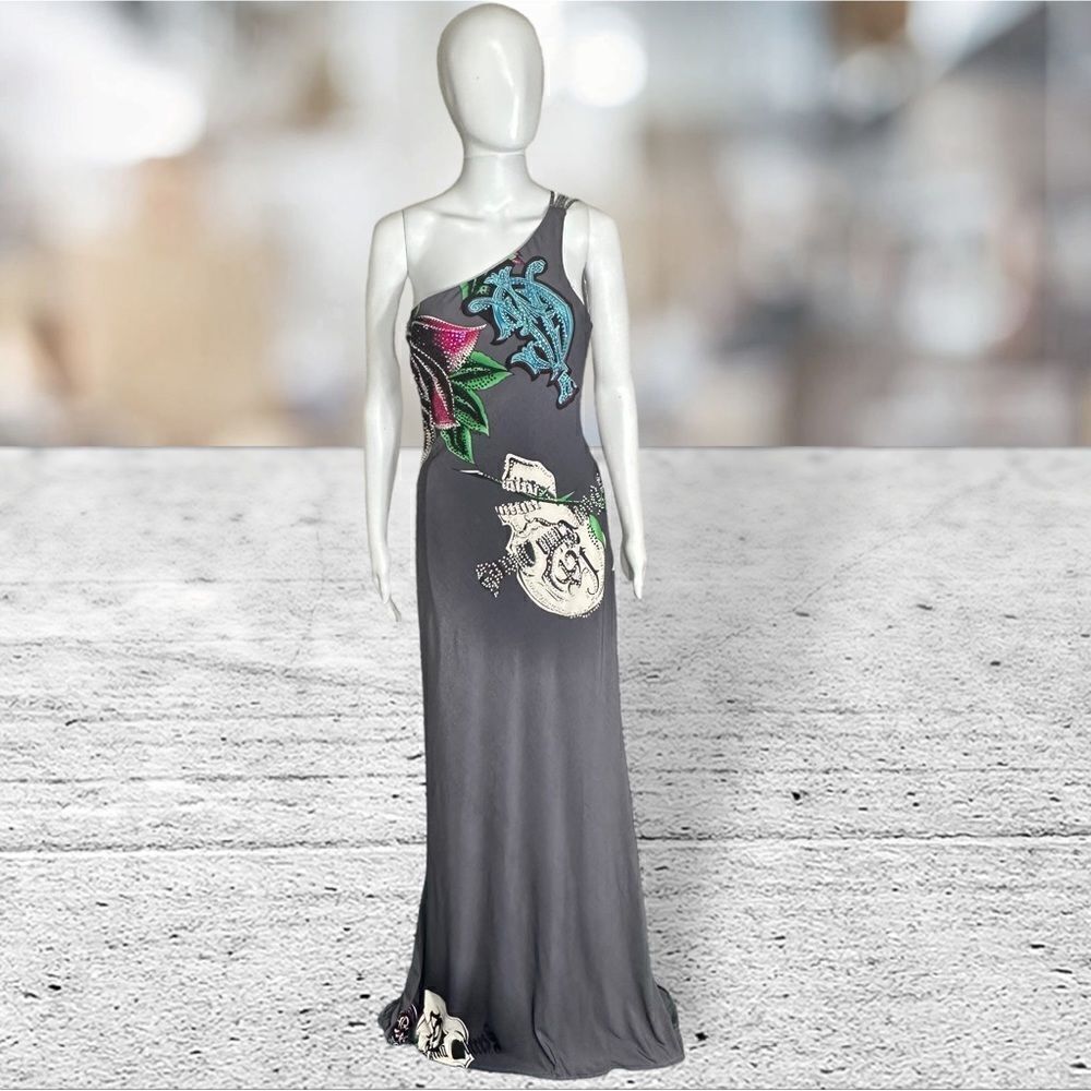 Tiffany Designs Grey One Shoulder Skull Rhinestone Tattoo Gown Maxi Dress 8